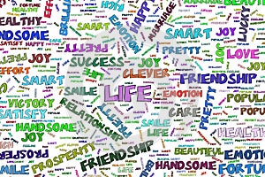 Abstract illustrations of positive emotion word cloud, conceptual. Messy, words, hand-drawn & creative.