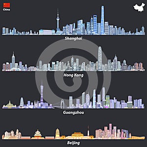 Abstract illustrations of Shanghai, Hong Kong, Guangzhou and Beijing skylines at night with map and flag of China