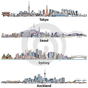 Abstract illustrations of Tokyo, Seoul, Sydney and Auckland skylines.