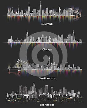 Abstract illustrations of urban United States of America city skylines at night on soft dark background