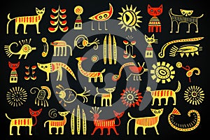Abstract image of animals, mainly cats, in the style of primitive art on a black background, set