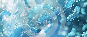 Abstract image of bacteria floating in a blue liquid with light bokeh effect
