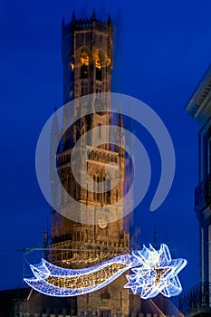 Abstract image of Belfry of Bruges with Christmas decoration