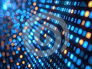 Abstract image of binary code with blue and orange glowing lights