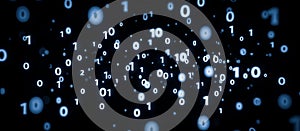 Abstract image of binary number. Abstract binary code pattern with floating digits zero and one, digital data visualization,