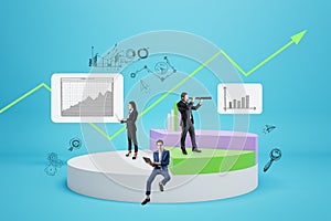 Abstract image of businesspeople with creative pie-chart on blue background. Finance, business management and market research
