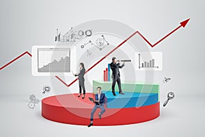 Abstract image of businesspeople with creative pie-chart on white background. Finance, business management and market research