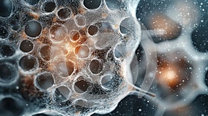 Abstract image of a cell with a glowing nucleus, representing life and cellular structure