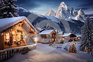 Abstract image with a charming Christmas Market in Italy, Dolomites Mountains, South Tyrol scenics