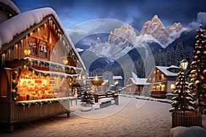 Abstract image with a charming Christmas Market in Italy, Dolomites Mountains, South Tyrol scenics, AI generated.