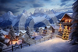 Abstract image with a charming Christmas Market in Italy, Dolomites Mountains, South Tyrol scenics, AI generated.