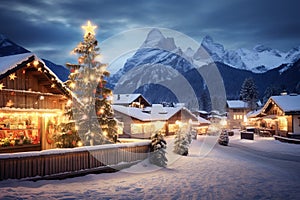 Abstract image with a charming Christmas Market in Italy, Dolomites Mountains, South Tyrol scenics, AI generated.