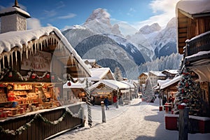 Abstract image with a charming Christmas Market in Italy, Dolomites Mountains, South Tyrol scenics, AI generated.