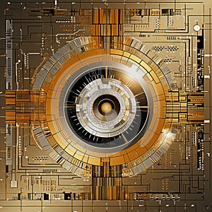 an abstract image of a computer circuit board with gold and black colors