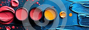 An abstract image of cosmetics in the maximalist bold Cluttercore trend with rich colors in bold strokes. Bright banner photo