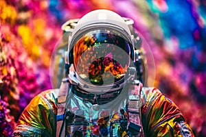 Abstract image of cosmonaut in colors of rainbow