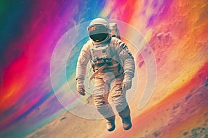 Abstract image of cosmonaut in colors of rainbow