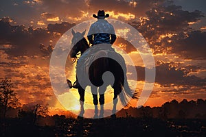Abstract image of cowboy riding on a horse against colorful sunset sky. Silhouette of rider in cowboy.