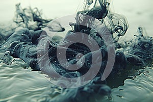 Abstract image of dense gray smoke rising from water on dark background