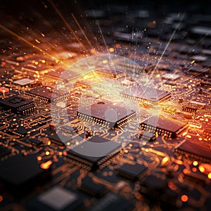 Abstract image of a detailed circuit board with multiple microchips and illuminated
