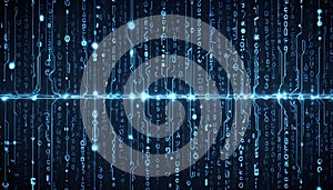 Abstract image of a digital code with glowing blue lines and dots, creating a futuristic and technological aesthetic.
