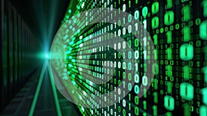 Abstract image of a digital data stream with green binary code in motion, representing technology, cybersecurity, and big data