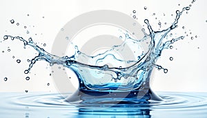 Abstract image of dynamic blue water splash. Water droplets, ripples create sense of motion, freshness. Isolated on white photo
