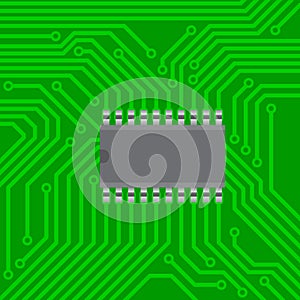 Abstract image electronic circuit board with green mask, with electronic chip in the center