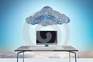 Abstract image of empty computer placed on desk under digital cloud with coding on sky background. Digital storage, database,