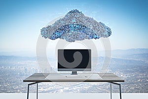 Abstract image of empty computer placed on desk under digital cloud with programming language on sky background. Digital storage,