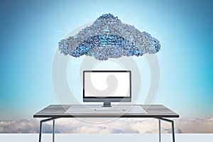 Abstract image of empty white computer placed on desk under digital cloud with coding on sky background. Digital storage, database