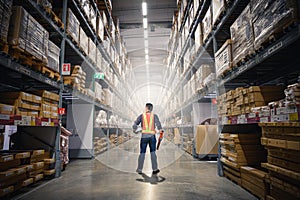 The abstract image of the engineer standing in front of the warehouse storage. the concept of engineering, shipping, management, w