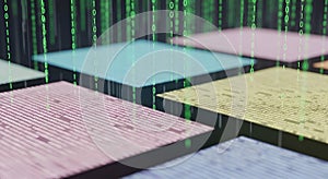 Abstract Binary Code Data Flow on Colorful Squares, Digital Technology Concept