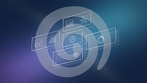 Futuristic Digital Data Analysis Interface with Abstract Graphs and Global Network Icons on a Gradient Background