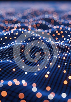Abstract Data Visualization Glowing Dots on Blue Grid, Technology Concept