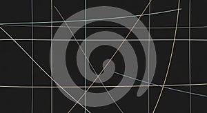 Abstract image features intersecting thin lines on a dark background. Lines in various colors,