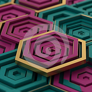 Abstract Geometric Hexagon Pattern with Gold and Magenta Accents