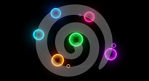 Abstract Atom Model Glowing Orbiting Spheres on Black