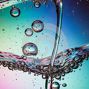 Abstract image featuring clear fluid and bubbles suspended in liquid. The scene