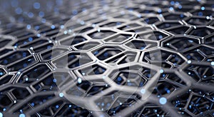 An abstract image featuring a 3D hexagonal mesh pattern, creating a sense of depth