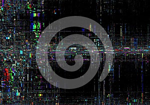 Abstract image featuring a digital glitch or data corruption effect. The composition