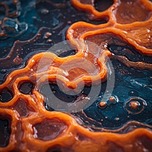 Abstract image featuring an organic, wavy pattern with vibrant orange and dark blue
