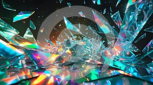 Fractured Crystal Prism Shards with Vibrant Light Refractions and Dynamic Rainbow Color Scattering in a High-Energy Abstract