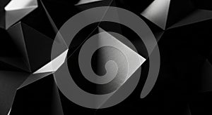 An abstract image featuring a three-dimensional geometric pattern composed of black pyramidal