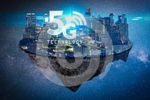 The abstract image of the futuristic cityscape island with 5G hologram on another space, the concept of future, 5G, communication,