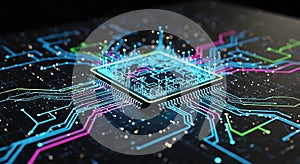 Microchip Technology Futuristic Circuit Board, AI, Quantum Computing