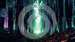 abstract image of a glitch forest background, Fluorescent tropical mystery forest dissorted