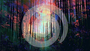 abstract image of a glitch forest background, Fluorescent tropical mystery forest dissorted