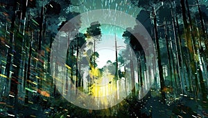 abstract image of a glitch forest background, Fluorescent tropical mystery forest dissorted photo