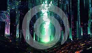 abstract image of a glitch forest background, Fluorescent tropical mystery forest dissorted photo